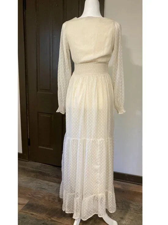 Patrons of Peace Cream Polka Dot Long Sleeve Tiered Cottagecore Maxi Dress - Picture 4 of 13